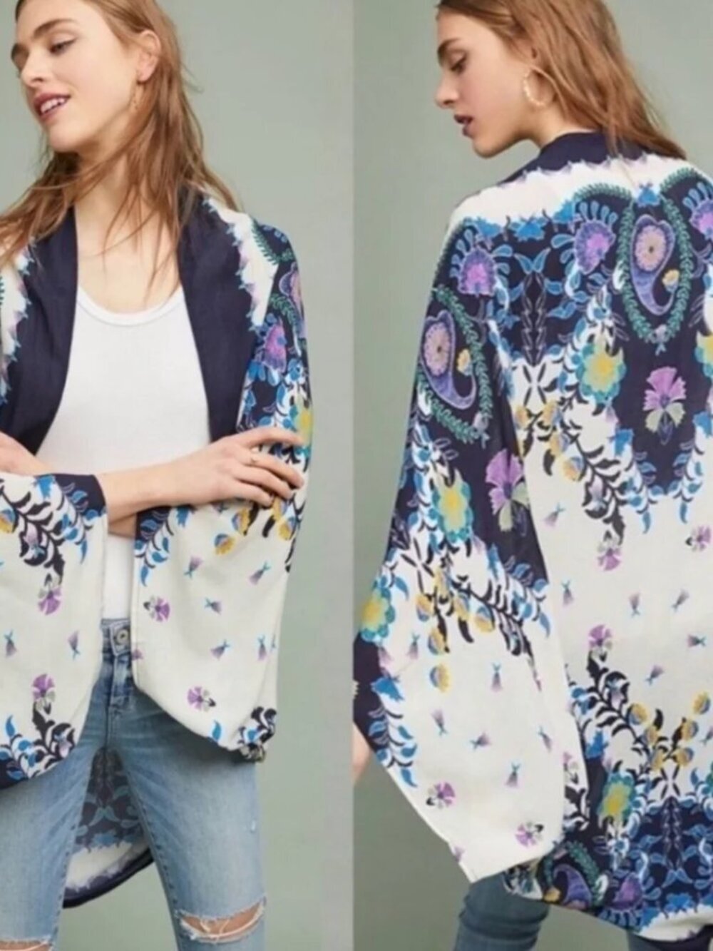Anthropologie Wrap Boho Blue Floral Womens Kimono Jacket One Size